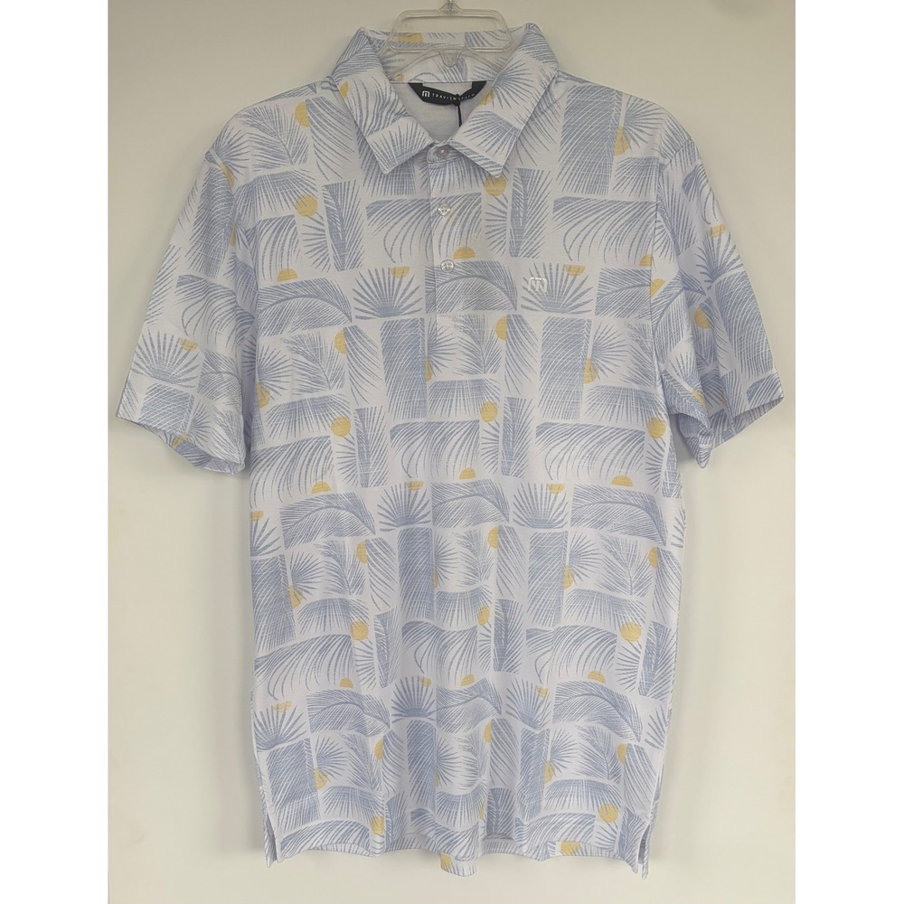 Travis Matthew Mens Blue Yellow Palm Print Short Sleeve Golf Polo Shirt NEW